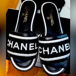 chanel black white mule sandals